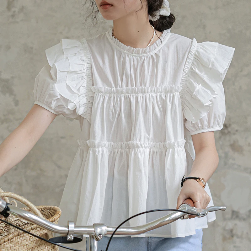 

Summer Women's Short Sleeve Round Neck Flying Sleeve Solid Vintage Ruffle Edge Pleated Versatile Shirt Blouse Women Tops A40