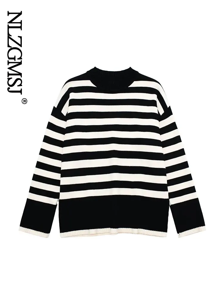 

Повседневный вязаный свитер Nlzgmsj, осень 2022, Женский винтажный свободный элегантный пуловер в полоску с круглым вырезом, Шикарный джемпер, Же...