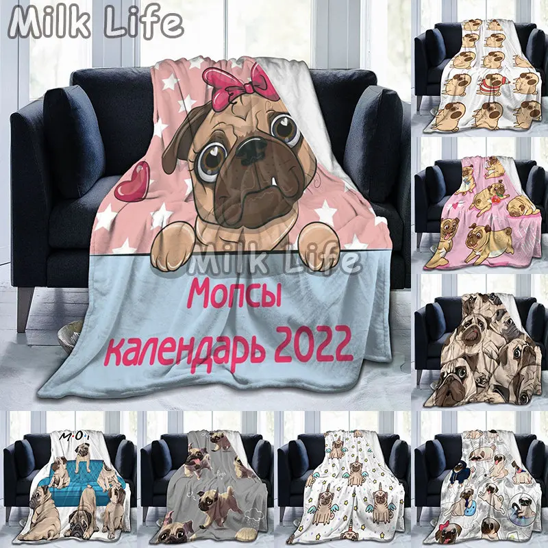 

Kawaii Cartoon Pug Dog 3D Printed Blanket Fleece Soft Flannel Blankets Velvet Decoration Throw Blanket for Home Bedspreads