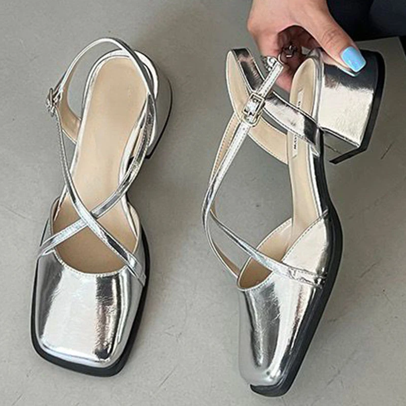 

Женские босоножки на массивном каблуке, туфли-лодочки с квадратным носком и ремешком на пятке, Роскошные туфли для вечеринки, лето 2022