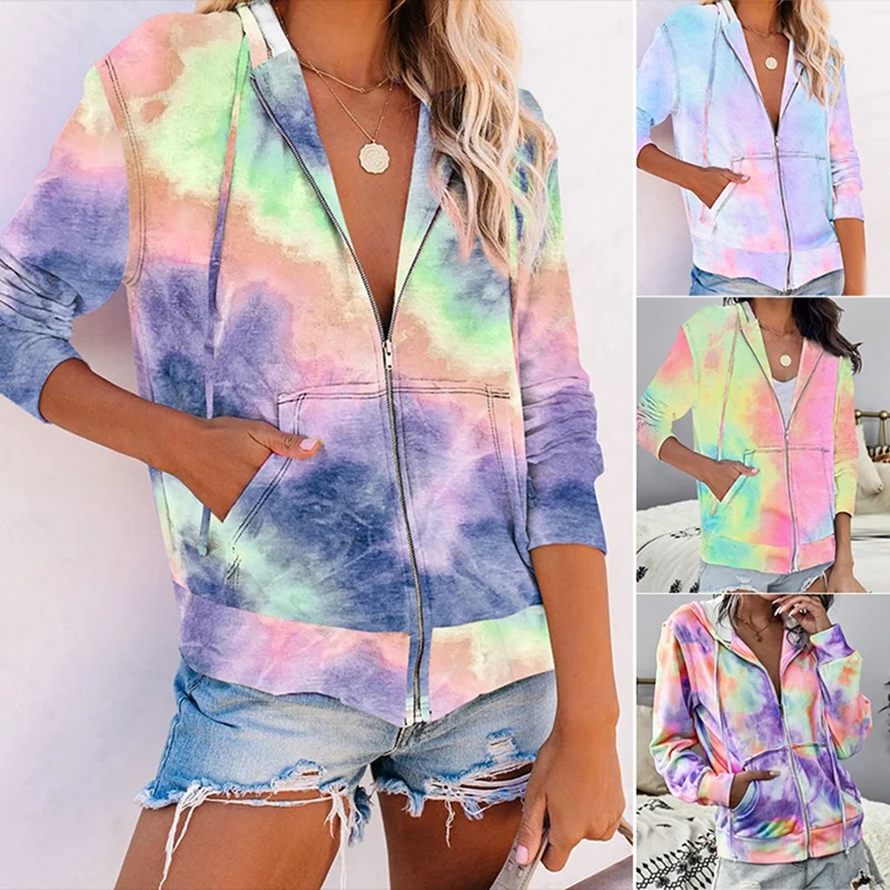 

Hot Kf-Tie Dye Drawstring Autumn Zipper V Neck Long Sleeve Sweatshirt Women Casual Pockets Loose Hoodies