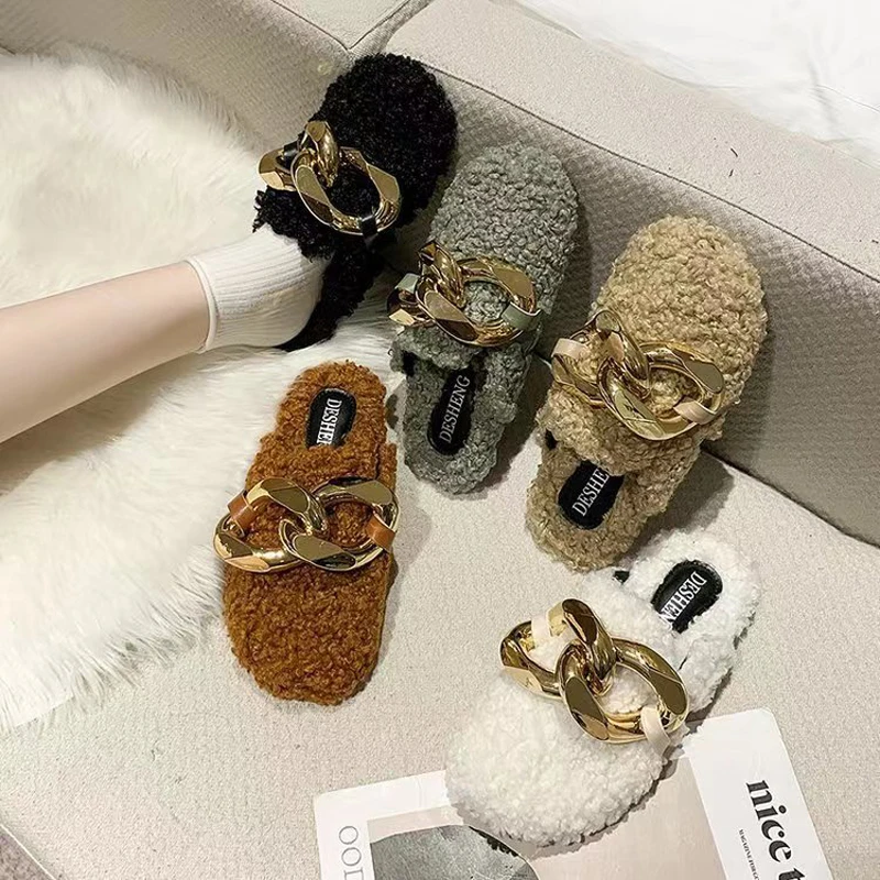 

Wholesale Free Shipping Flip-flops Warm Cotton Slippers Female Fluffy Fur Slides Golden Chain Fur Slides Mules Shoes For Women