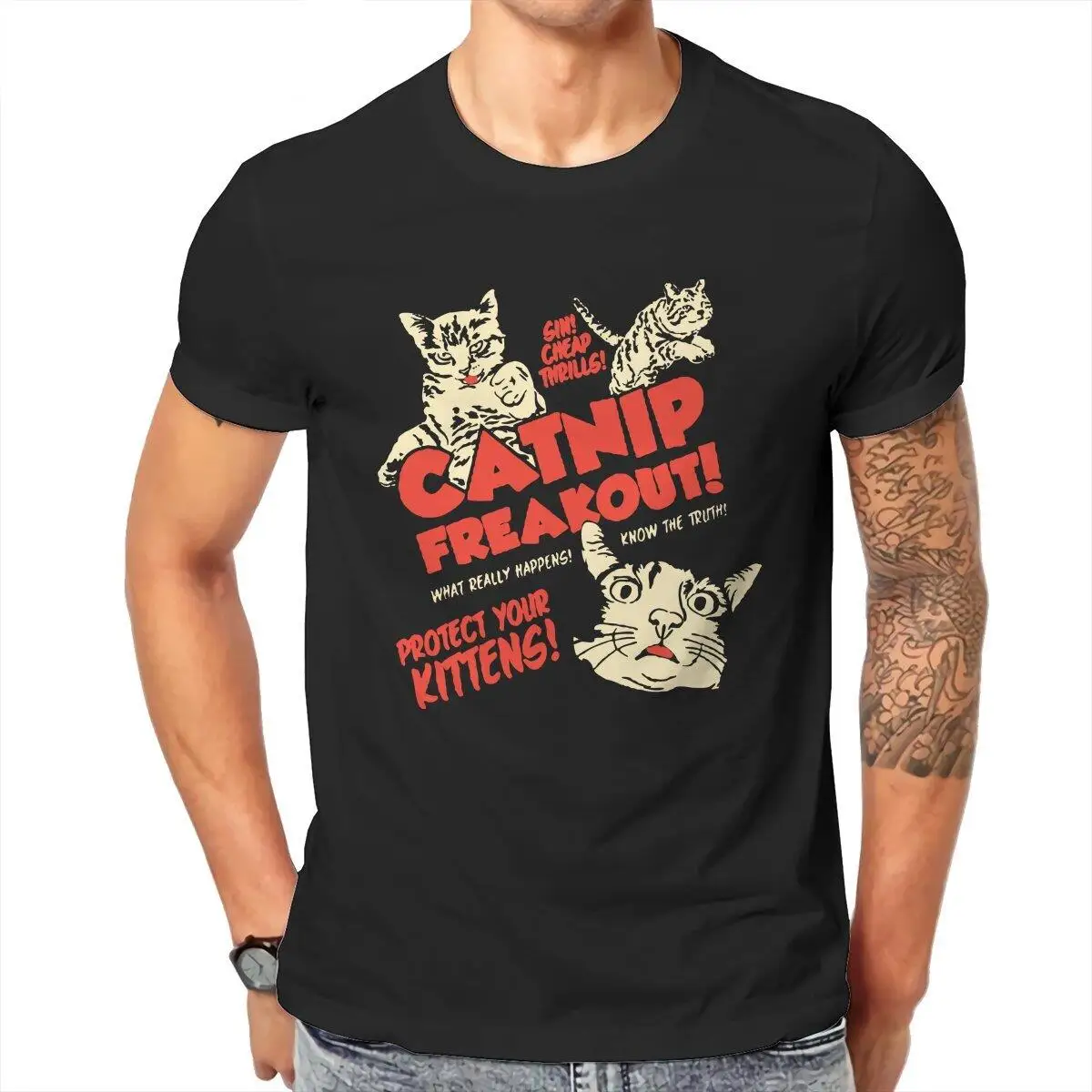 Men's T-Shirt Catnip Retro Horror Halloween Cat  Funny 100% Cotton Tee Shirt Short Sleeve  T Shirt O Neck Clothes Plus Size