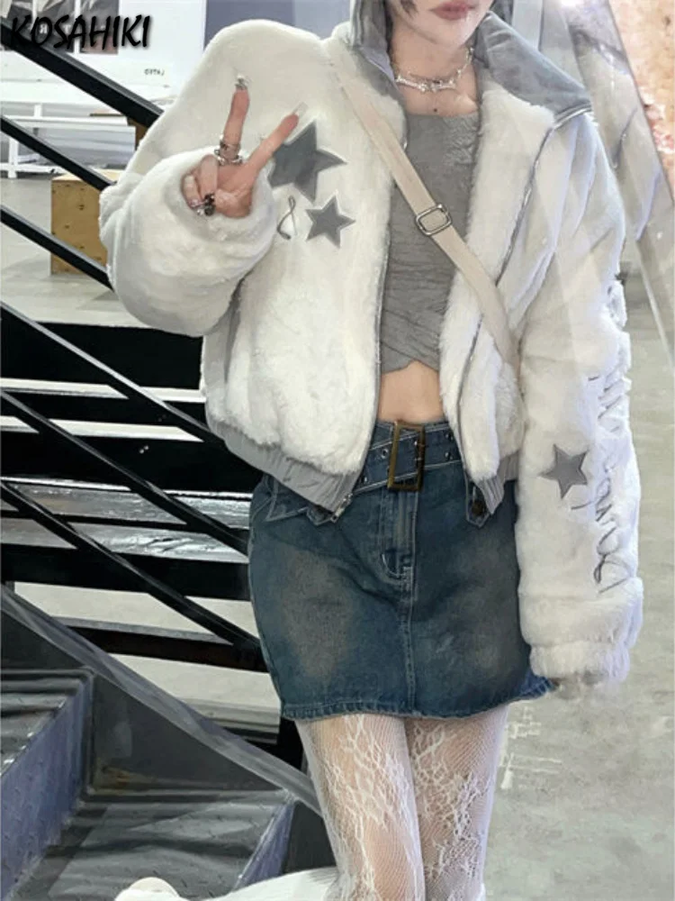 

KOSAHIKI Harajuku Cropped Jacket Women Autumn Winter Vintage Zipper Fluffy Coat Y2k Aesthetic Star Embroidery Faux Fur Jackets