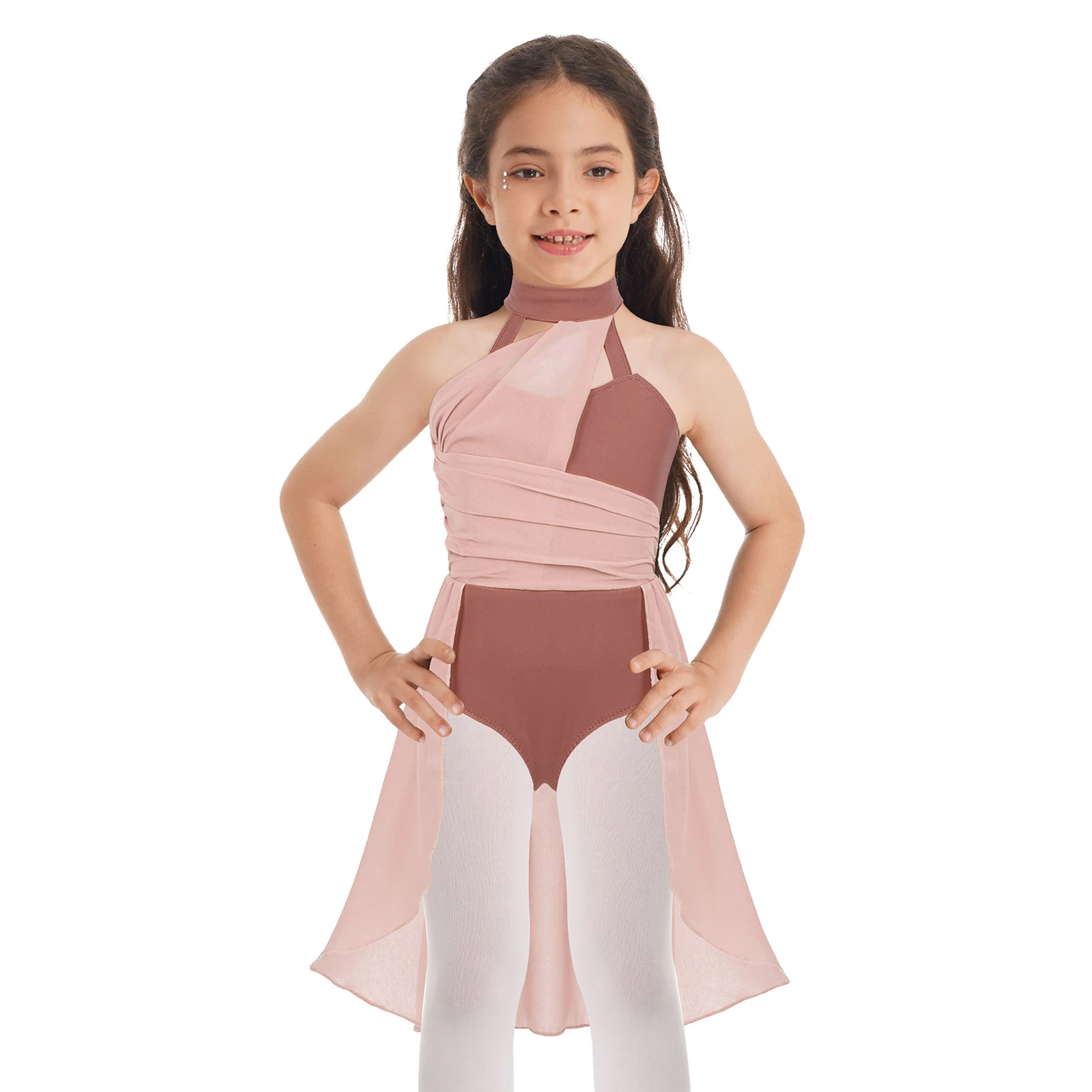 

Kids Girls Ballet Dance Leotard Dress Chiffon Sleeveless Ruched Bodice Dress for Lyrical Contemporary Dancewear Performance 2023