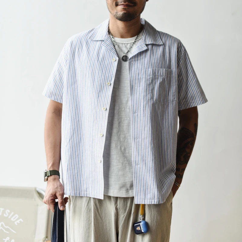 

Saucezhan Mens Shirts Striped Shirt for Men Summer Short-sleeved Shirt Vintage Shirt 100% Cotton Cool and breathable