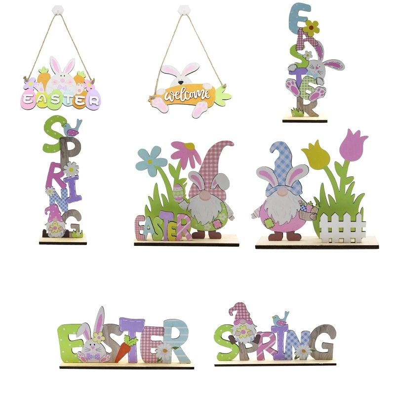 

2022 Новый деревенский Пасхальный Настольный Декор мультяшный гном кролик многоярусный поднос деревянный знак