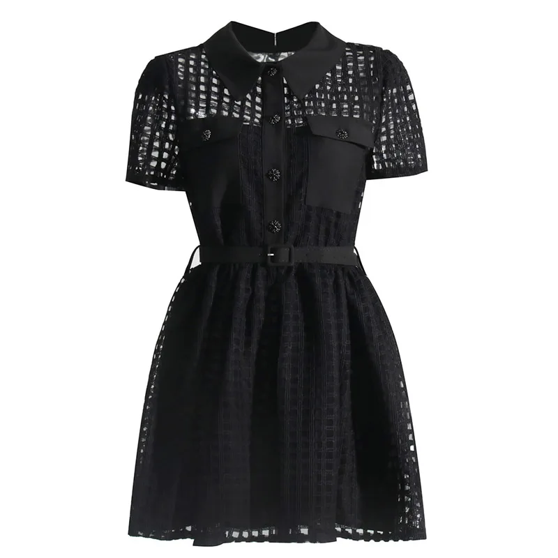 New Patchwork Black Embroidery Dress Fashion Turn-Down Collar Women Mini A-Line Dresses