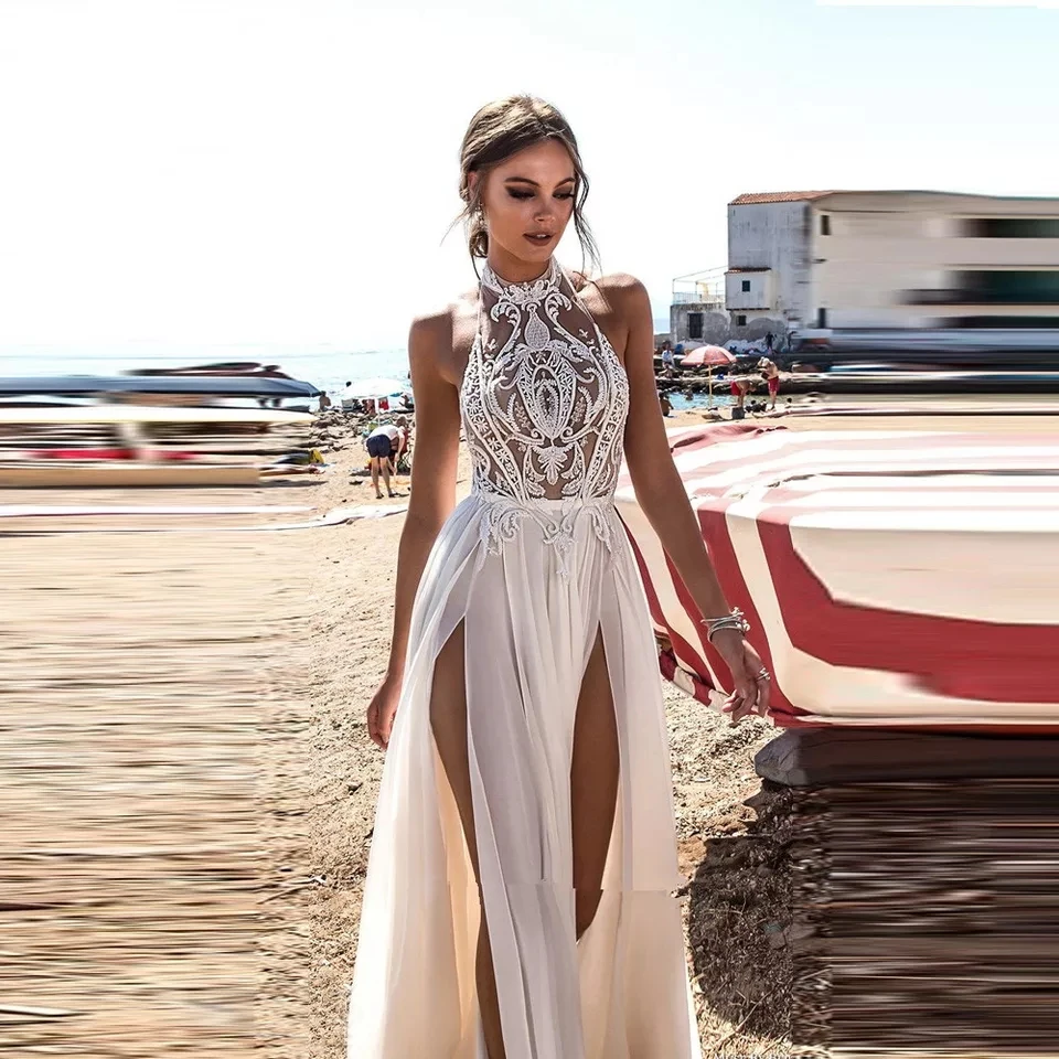 

Boho Double High Slit Chiffon Wedding Dress Halter Neck Lace Applique Sleeveless Bride Gown Backless A-line Sequin Robe De Marée
