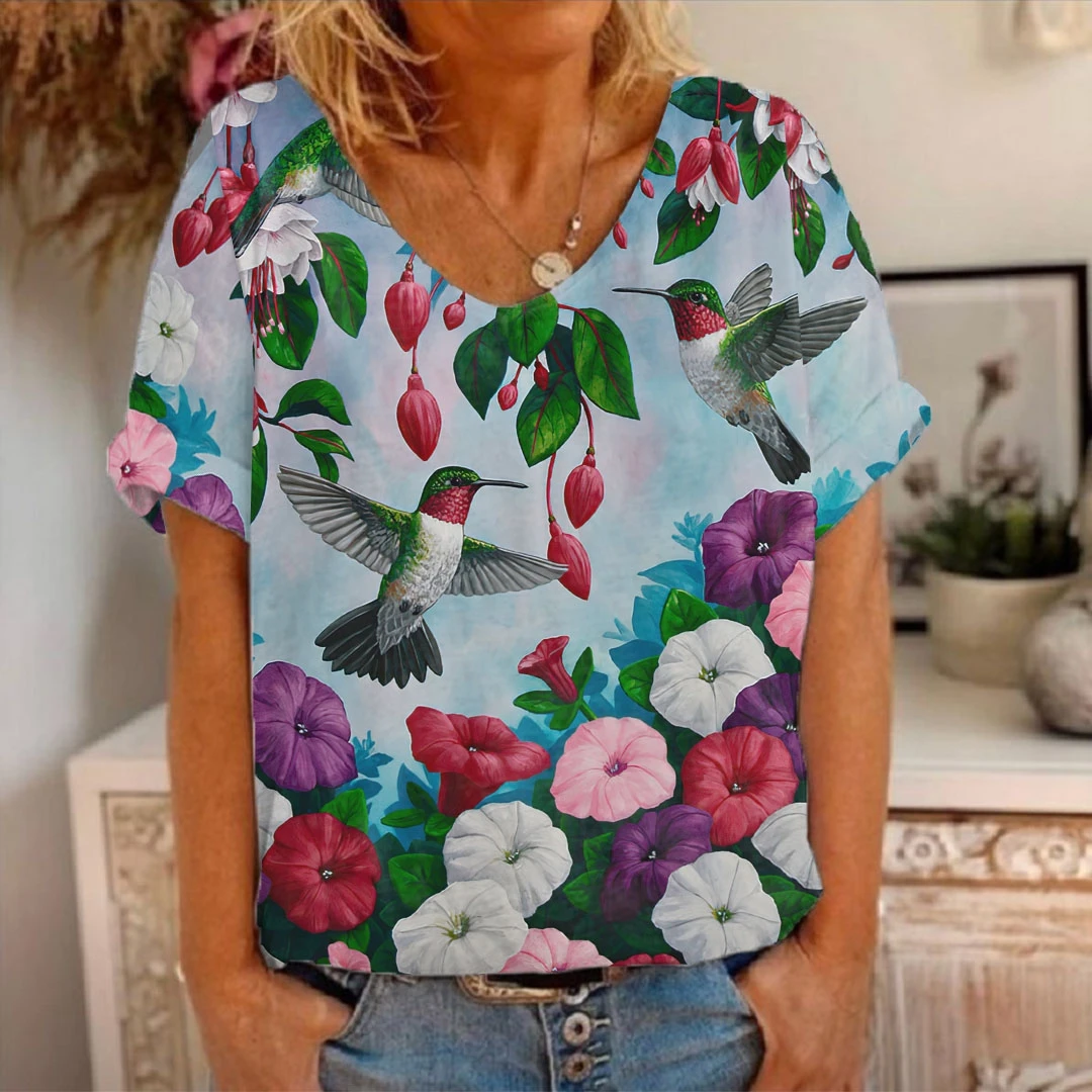 

Mujer Camisetas Women Clothing New Summer Bird Pattern Oversized Tops Casual Short Sleeve V-Neck Loose Floral Print T Shirt