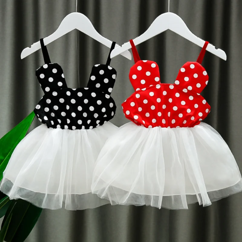 

Girls Princess Dress Disney Baby Spaghetti Strap Dresses Polk Dot Cartoon Birthday Lace Mesh Dress Baby Summer Cloth Sundress