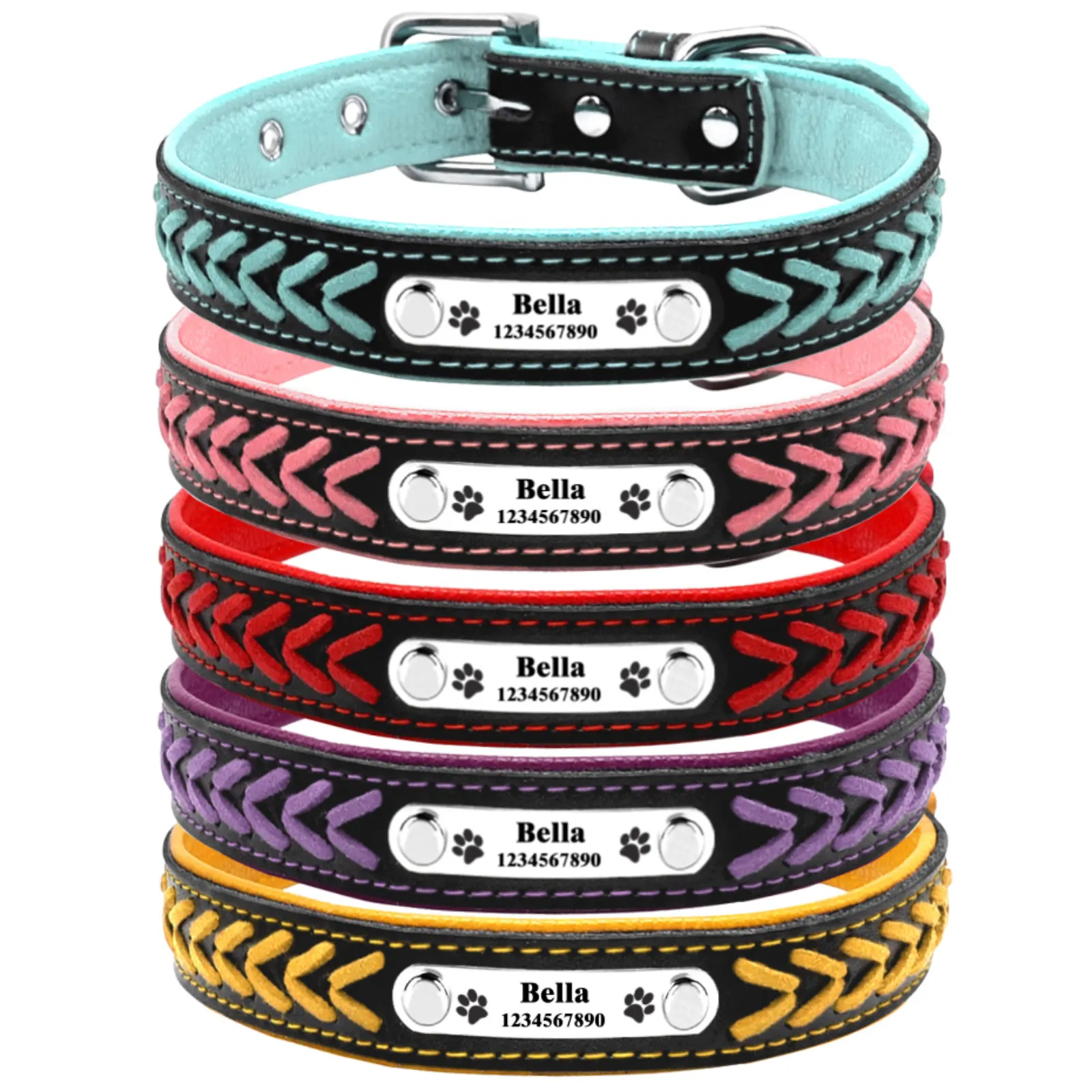 

Personalized Dog Collar Leather Padded Dogs Braided Collars Free Engraving Pet ID Tag Nameplate for Small Medium Large Dogs