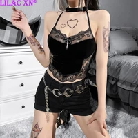 goth sexy black lace trim mesh halter camis y2k aesthetic velvet backless side see through bow cross crop tops for women summer