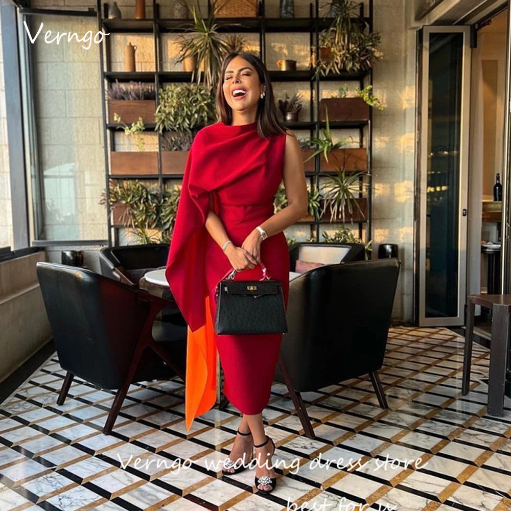 

Verngo красные матовые атласные женские вечерние платья из Саудовской Аравии с высоким воротником и рукавом-крылышком платье длиной до середины икры для выпускного вечера простые наряды