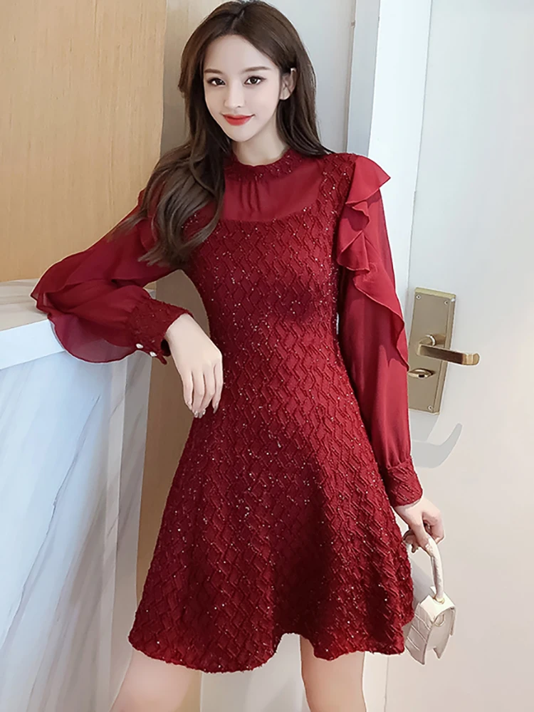 

Женское Красное стильное роскошное вечернее платье, осеннее платье миди с оборками и длинным рукавом, корейское элегантное облегающее платье для выпускного вечера, 2023