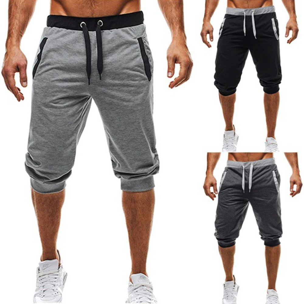 

Men Loose Knee Length Shorts Sweat Pants Casual Drawstring Mid Waist Patchwork Cotton Shorts Joggers Summer Outdoor