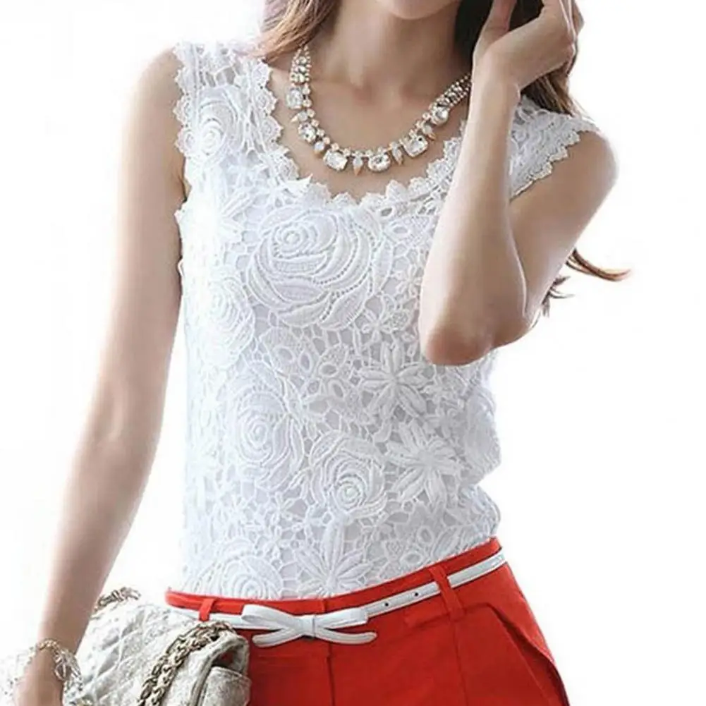 

tops women Elegant blusas O-neck Sleeveless Solid Color Vest Top Floral Lace Hollow Summer White Tops Female Top Casual Blouse