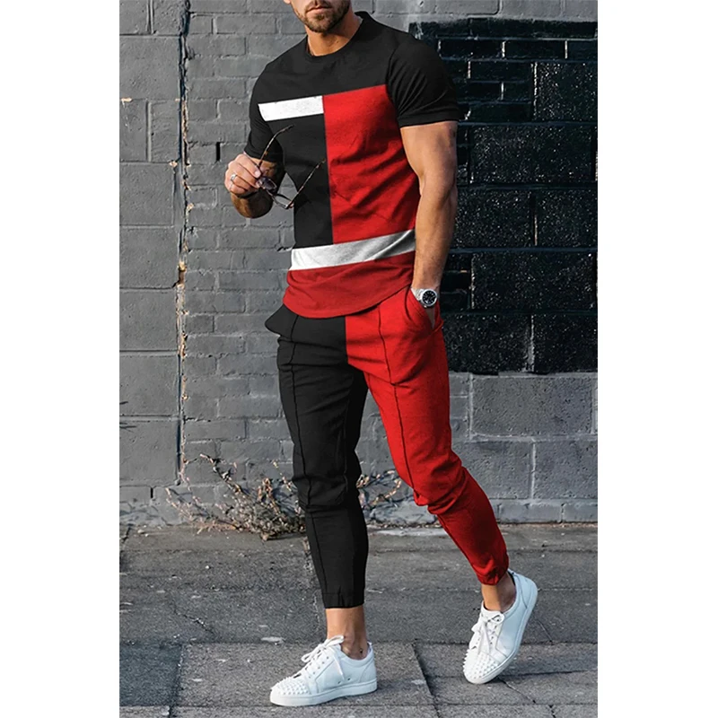 Summer Men's T-shirt Long Pants Tracksuit Geometry 3D Print T Shirts Trousers Set 2 Pieces Streetwear Oversized Suits Sportswear