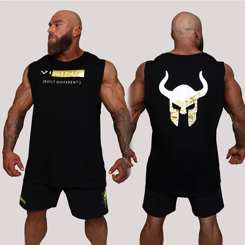 

New Cotton Black Men's Vest 2022 Summer Fashion Print Sleeveless Round Neck Casual Vest Jogger Fitness Workout Sportswear