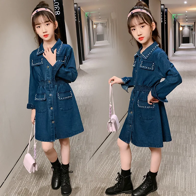 

Girls Blue Dress Toddler Kids Baby Teenage Long Sleeve Pleated Light Buttoned Denim Dress Children Clothes 3-12Yrs Kids Clothing