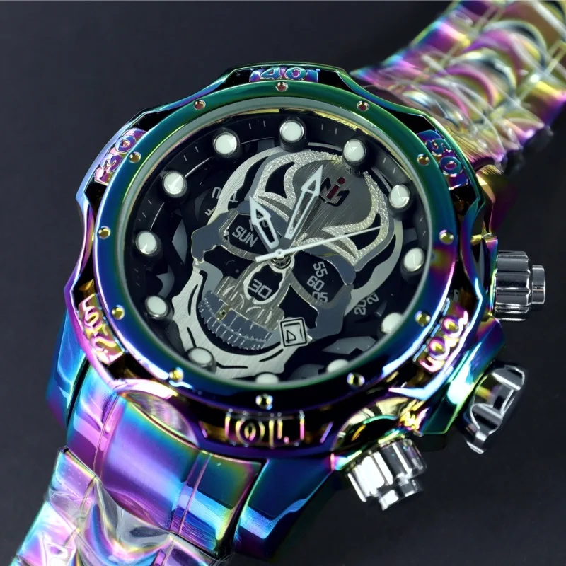 

Personalized Skull Dial Colorful Bracelet Watch Luminous Pointer Auto-date Week Display Waterproof Mens Quartz Wristwatch