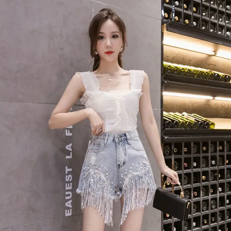 Casual Loose Jeans High Waist Pearl with Diamond Denim Shorts Women 2023Summer Female SequinTassel Denim Hot Pants Lady Clothing