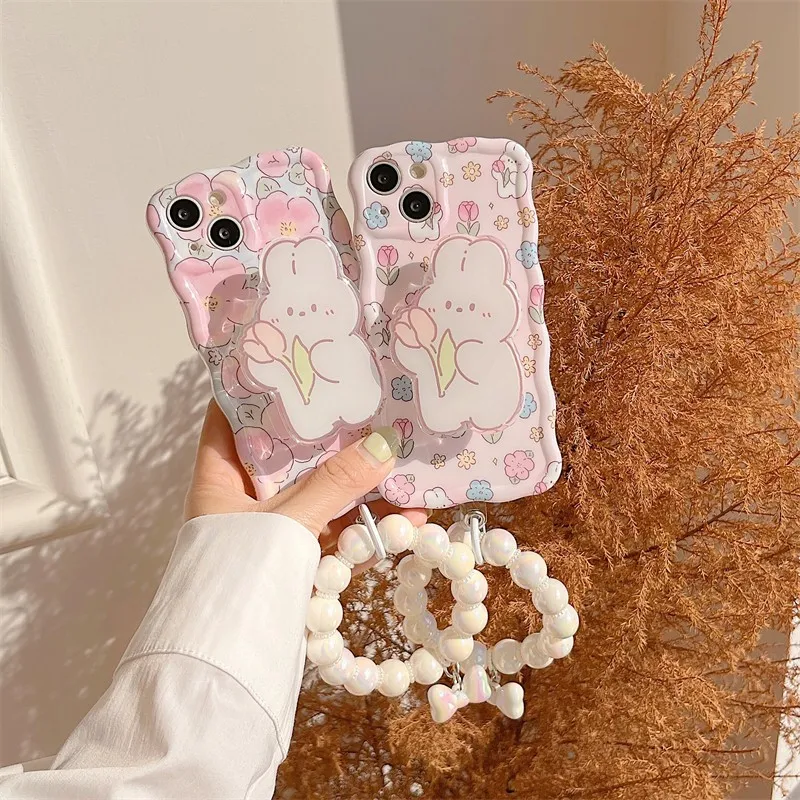 

Cute 3d Rabbit Folding Support Beaded Bracelet Girl Phone Cover Case For Iphone 14 13 12 11 Pro Max Anti-fall Soft Coque Fundas