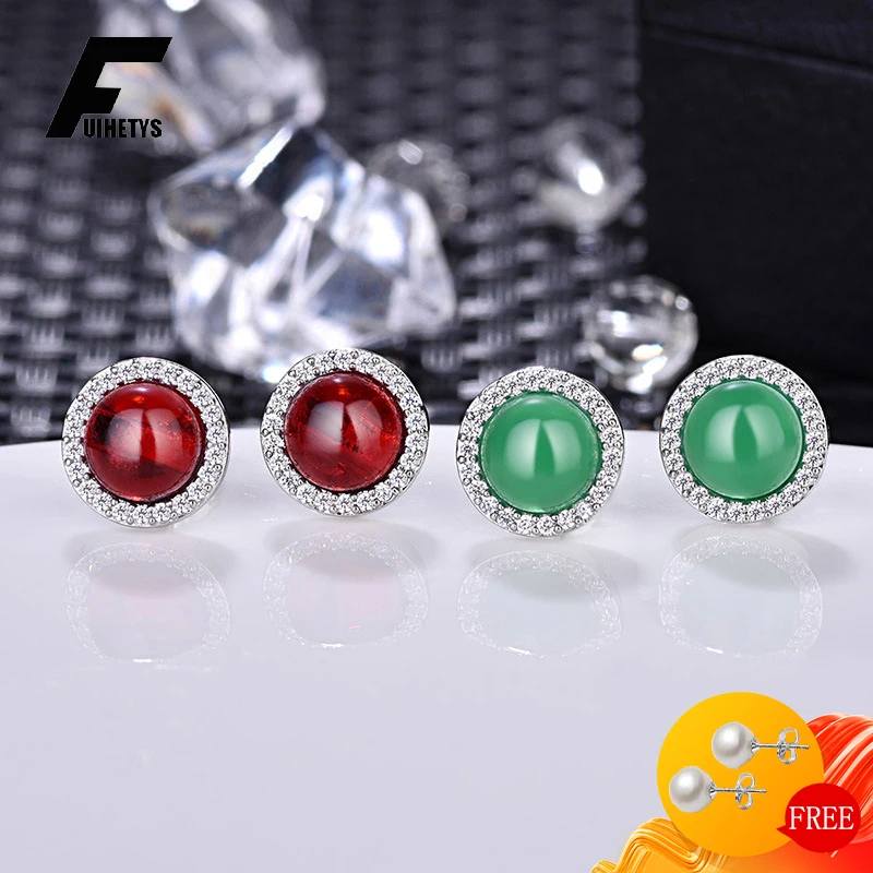 

Retro Earrings 925 Silver Jewelry Round Ruby Emerald Gemstone Stud Earrings Accessories for Women Wedding Engagement Party Gift