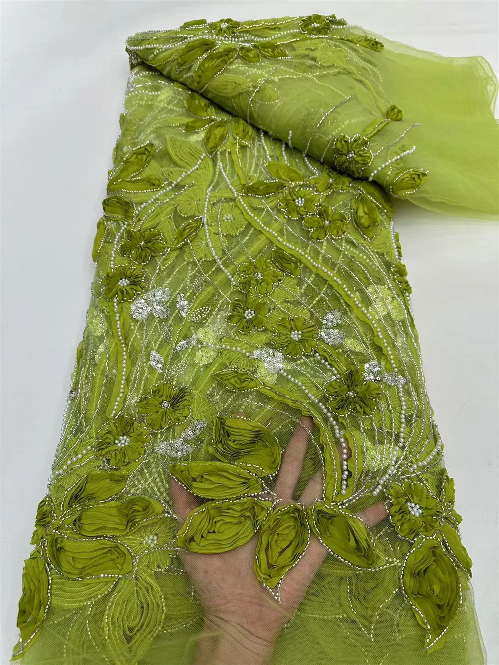 Роскошная кружевная ткань высокого качества с бисером 2024 темно-синяя блестками 5