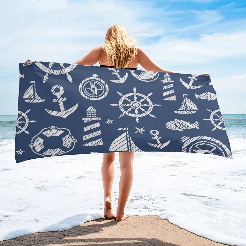 

Пляжное полотенце из микрофибры с синим якорем, лодка, рыба, Большое банное полотенце для взрослых и детей, Пляжная подушка, полотенце для ва...