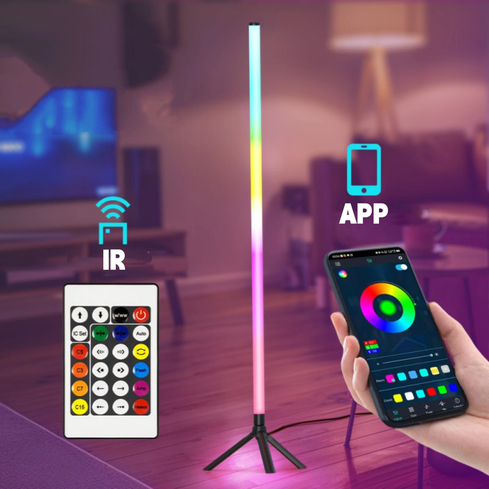Фото 360 °   Торшер с регулируемой яркостью, 103 см, RGB USB-подсветка для игр, гостиной, спальни, угловой светильник с приложением Bluetooth и пультом дистанционного управления №4