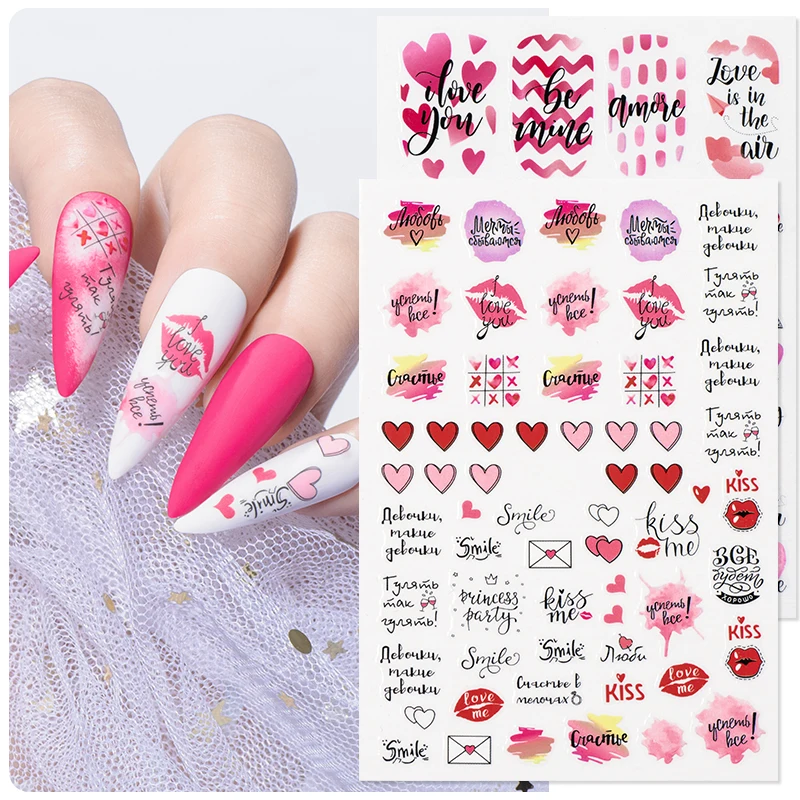 

1PC Heart Love Design 3D Nail Sticker Rose flower Letter stickers Face Pattern Trasnfer Sliders Valentine's Day Nail Art Decal
