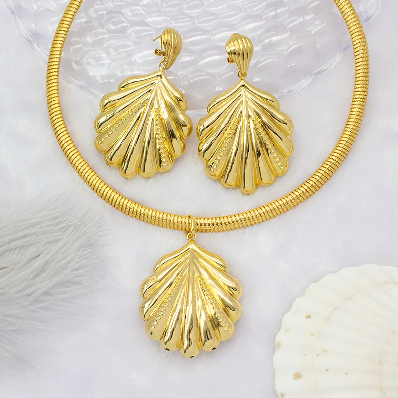

Fashion Jewelry Big Drop Earrings Beach Boho Shell Pendant Necklace Sets For Women Statement Copper Gold Jewellery For Party