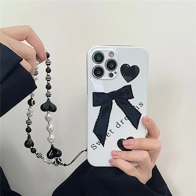 

Cute Bow Tie Heart Wrist Strap Lanyard Girl Soft Case For Iphone 11 12 13 Pro Max 7 8 Plus Xr X Xs Se 2 Anti-drop Cover Fundas
