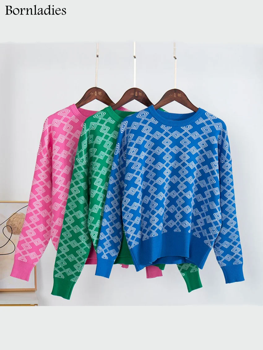 

Bornladies Geomastric Knit Women Sweater Autumn Winter O Neck Female Jumper Fashion Cozy Christmas Pullover Knitted Pull Outfits