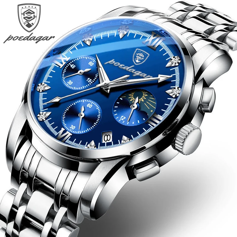 Мужские часы с хронографом водонепроницаемые из нержавеющей стали