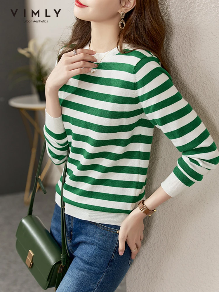 

Vimly Striped Sweaters Women 2022 Autumn New Commuter Slim O-neck Long Sleeve All-match Panelled Pullover Knitted Tops 71058