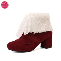 sweet lolita winter warm plush snow boots chuncky high heel women round toe kawaii jk uniform shoe lace streamers plus size 48
