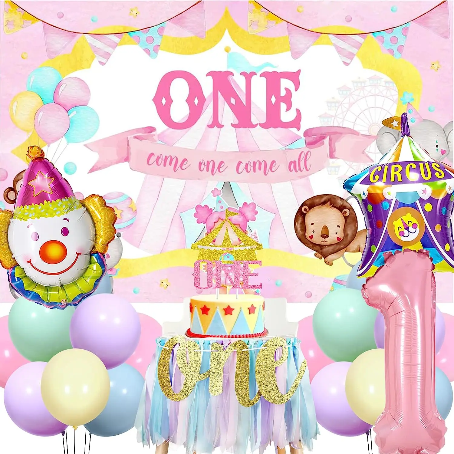 

Pink Circus Theme 1st Birthday Party Decorations with Clown Balloons Backdrop Cake Topper Girls Carnival 1st Birthday Supplies