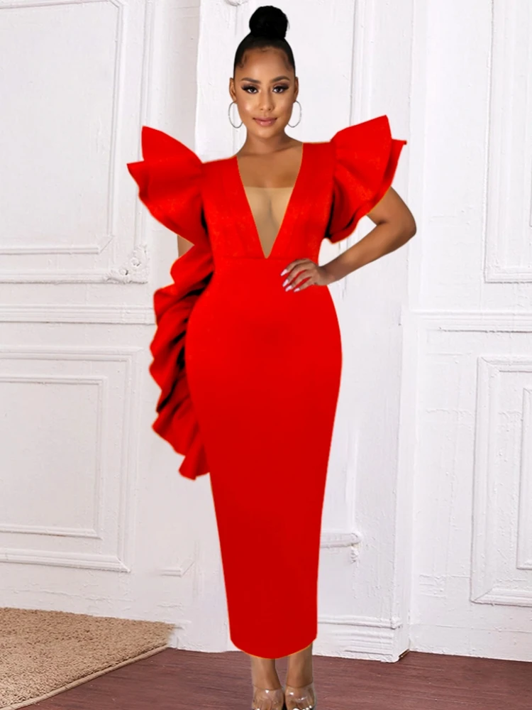 

African Women Red Dresses For Party Formal Elegant Ruffle V-Neck Short Sleeve Peplum Africa Ladies Christmas Wedding Gowns