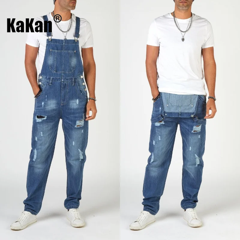 Kakan - New European and American Street Trendsetter with Torn Shoulder Strap Jeans, Dark Blue Men's Long Jeans K34-668