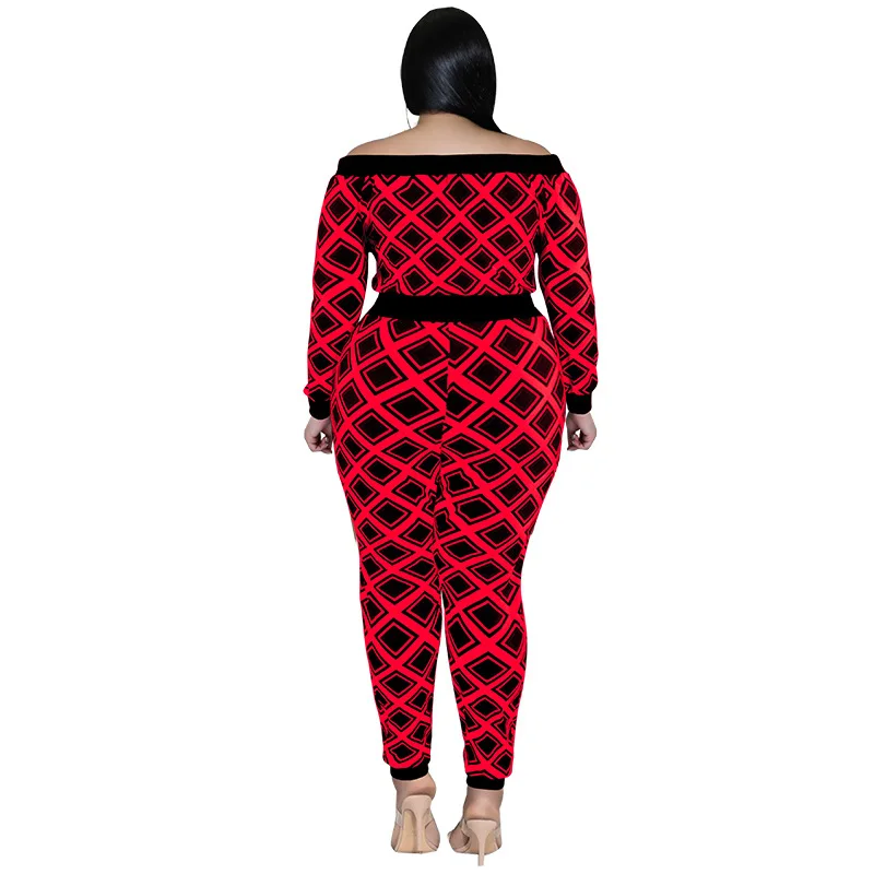 Plus Size Women's Fashion Casual Sports Suit 2022 New Straight Shoulder Plaid Sexy Two Piece Set  Wholesale Dropshipping