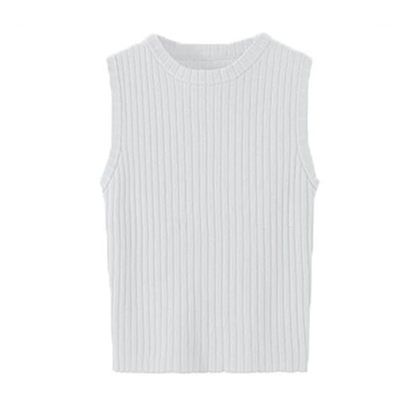 Купи Women Ribbed Knitted Sleeveless Crop Tank Top Round Neck Simple Solid Color Stretchy Slim Fit Basic Sweater Vest Shirts за 107 рублей в магазине AliExpress