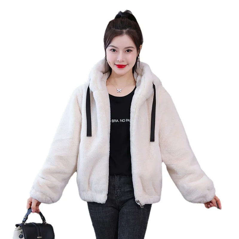 

2022 Winter New Loose Plush Long-sleeved Jacket Plus Velvet Thickened Imitation Rabbit Fur Hooded Jacket Women