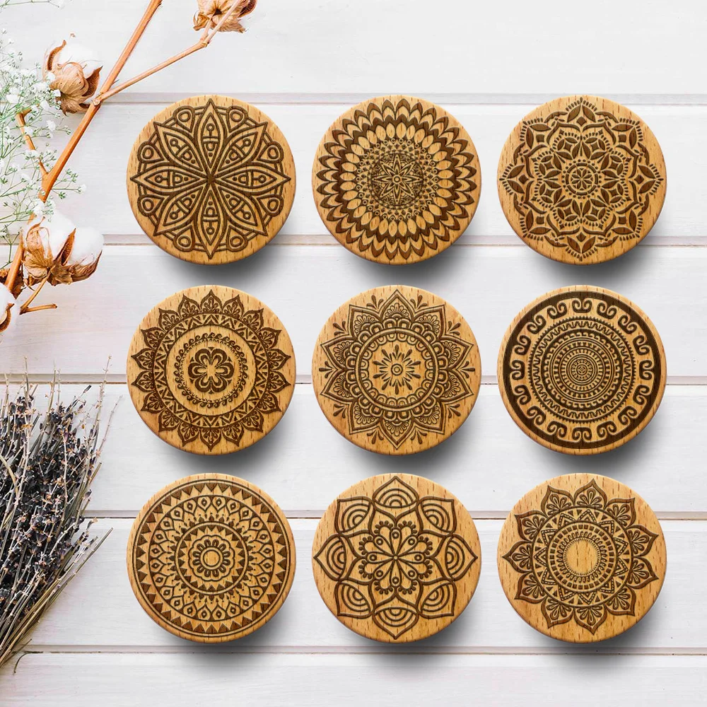 

New Engraved Mandala Wooden Drawer Knob Boho Nursery Cabinet Pulls Nature Wood Coat Hook Children's Room Furniture Handles