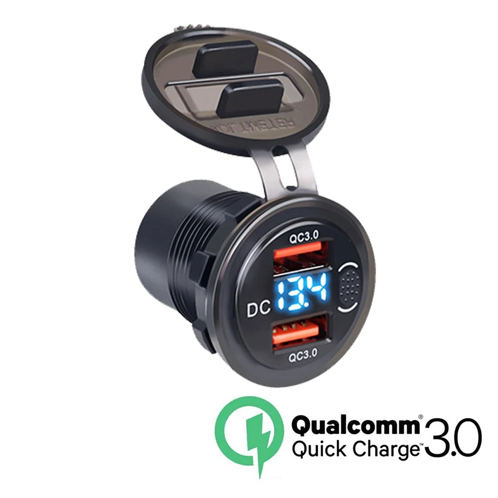 

Автомобильное зарядное устройство QC3.0, двойной USB-разъем прикуривателя, водонепроницаемое с переключателем вольтметра, адаптер для быстрой зарядки, 12/24 В, автомобильные аксессуары