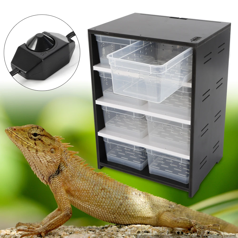 Black/White Acrylic Reptile Feeding Cabinet Box with Heat Pad for Spider Insect Turtle Lizard Pet