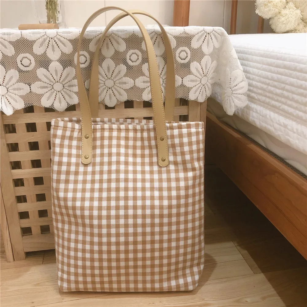 Women Canvas Shoulder Bags Retro Plaid Large Capacity Handbags Female Shopping Portable Lazy Foldable Tote Bag  Ladies Hand Bags
