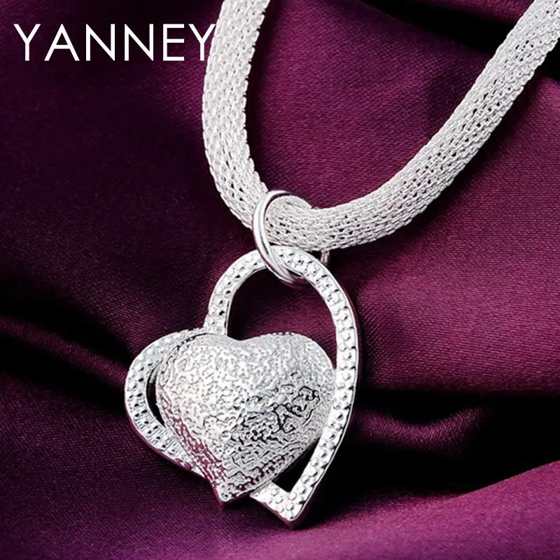 

New Arrival 100% 925 Sterling Silver Necklace 18 Inches Frosted Heart Woman Necklace Wedding Fashion Couple Wife Jewelry Gift