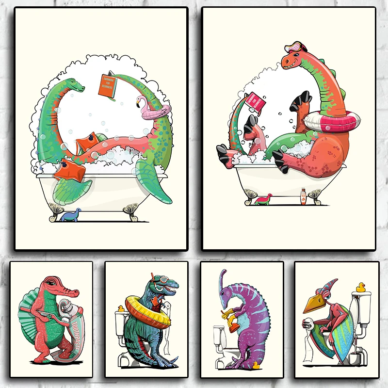 

Скандинавские забавные плакаты с принтом в виде динозавров для купания для ванной комнаты туалета гостиной Картина на холсте искусство домашний декор на стену картины подарки